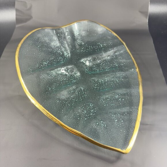 Vintage Clear Recycle Glass Dish Plate Platter Leaf Shaped With Gold Edges Glass - Picture 10 of 14